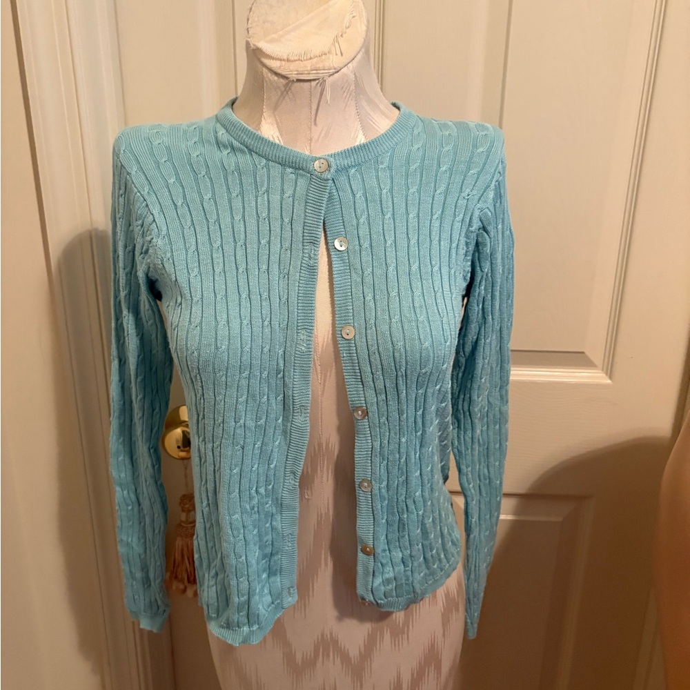 Kevo Women's Blue silk Cable Knit Cardigan Sweater size S shell buttons